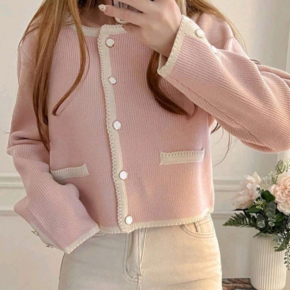 Women Colorblock Round Neck Body-Con Cardigan, Autumn,Long Sleeve Tops - Picture 5 of 6
